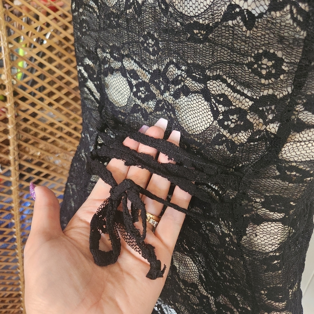 Y2K Whimsigoth Black Sheer Lace Top Blouse Shirt Vintage Size Small Goth Grunge - Picture 9 of 13